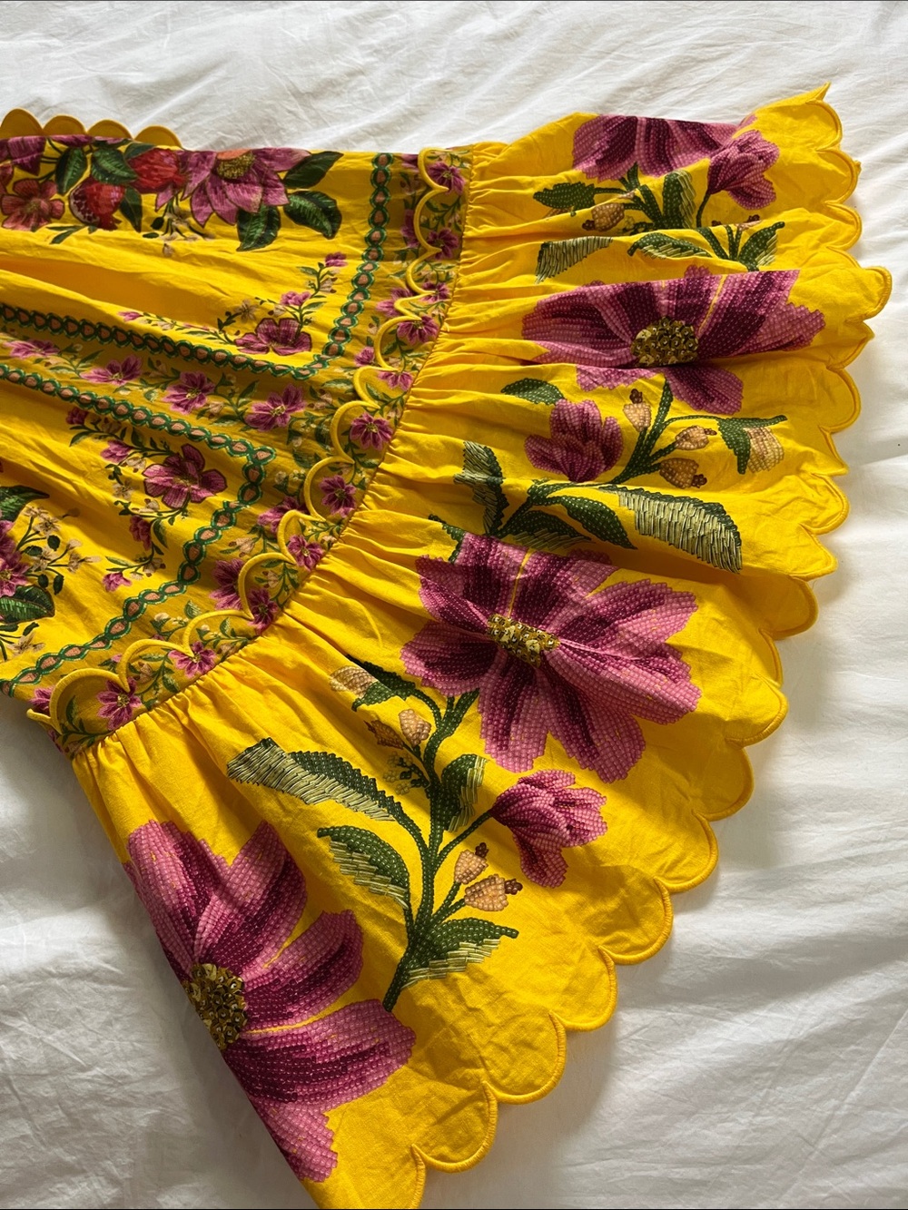 FARM Rio Yellow Summer Fruit Scarf Midi Dress pink floral cutout eyelet scallop - Picture 6 of 15